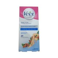 VEET Ready To Use full body waxing kit sensitive  skin 8 strips  in simple steps -peel almond oil & cornflower    MRP 99/-